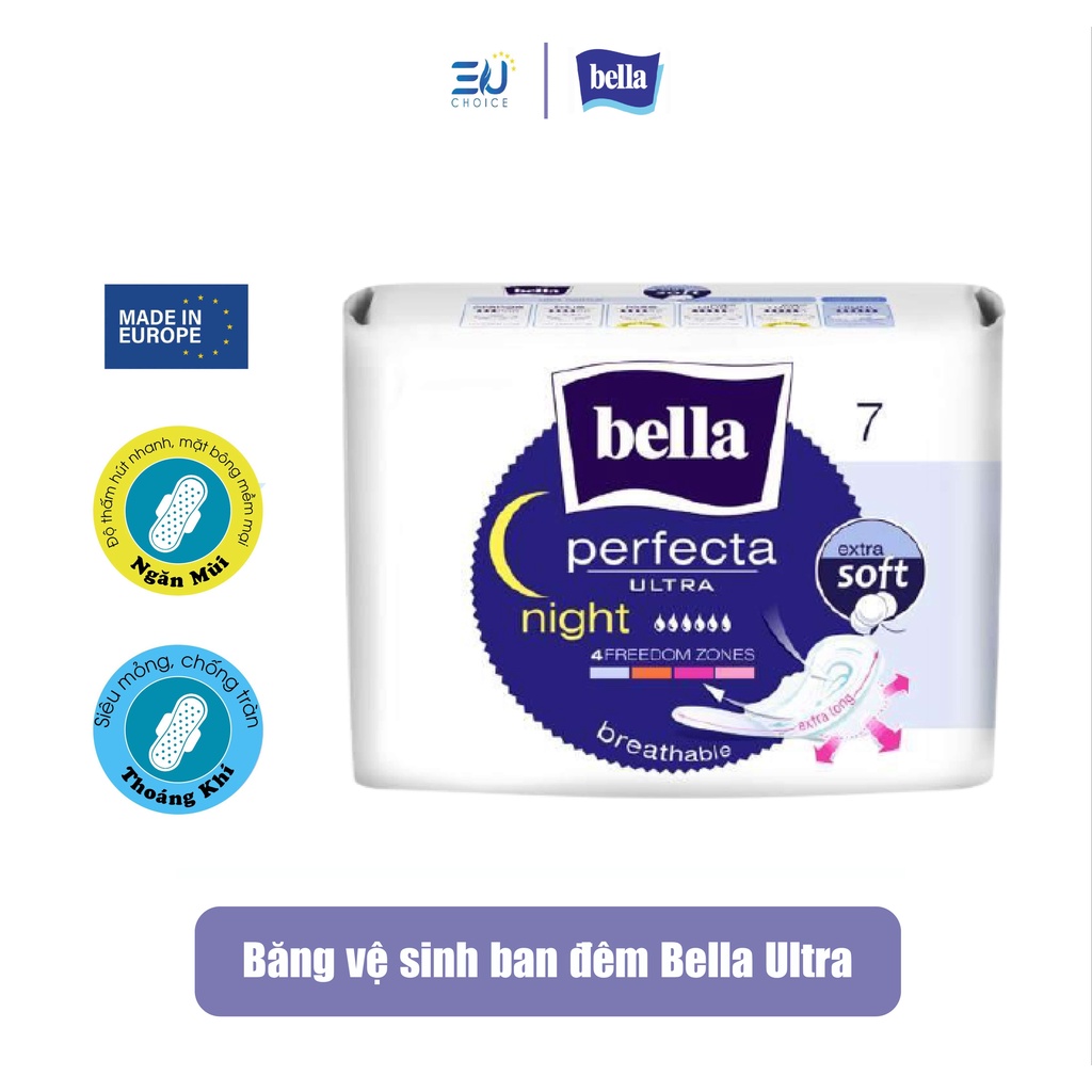 Băng vệ sinh ban đêm BELLA nhập khẩu Pháp 7 miếng có cánh, siêu mỏng, thấm hút nhanh, mềm mại