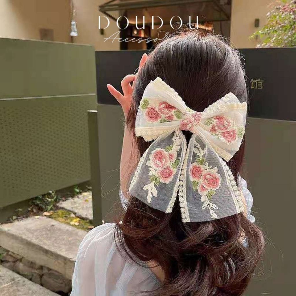 Phụ kiện kẹp tóc xinh DOUDOU Cặp tóc Kẹp tóc nơ tiểu thư thêu hoa công chúa nàng thơ phong cách Hàn Quốc Hottrend FJ017