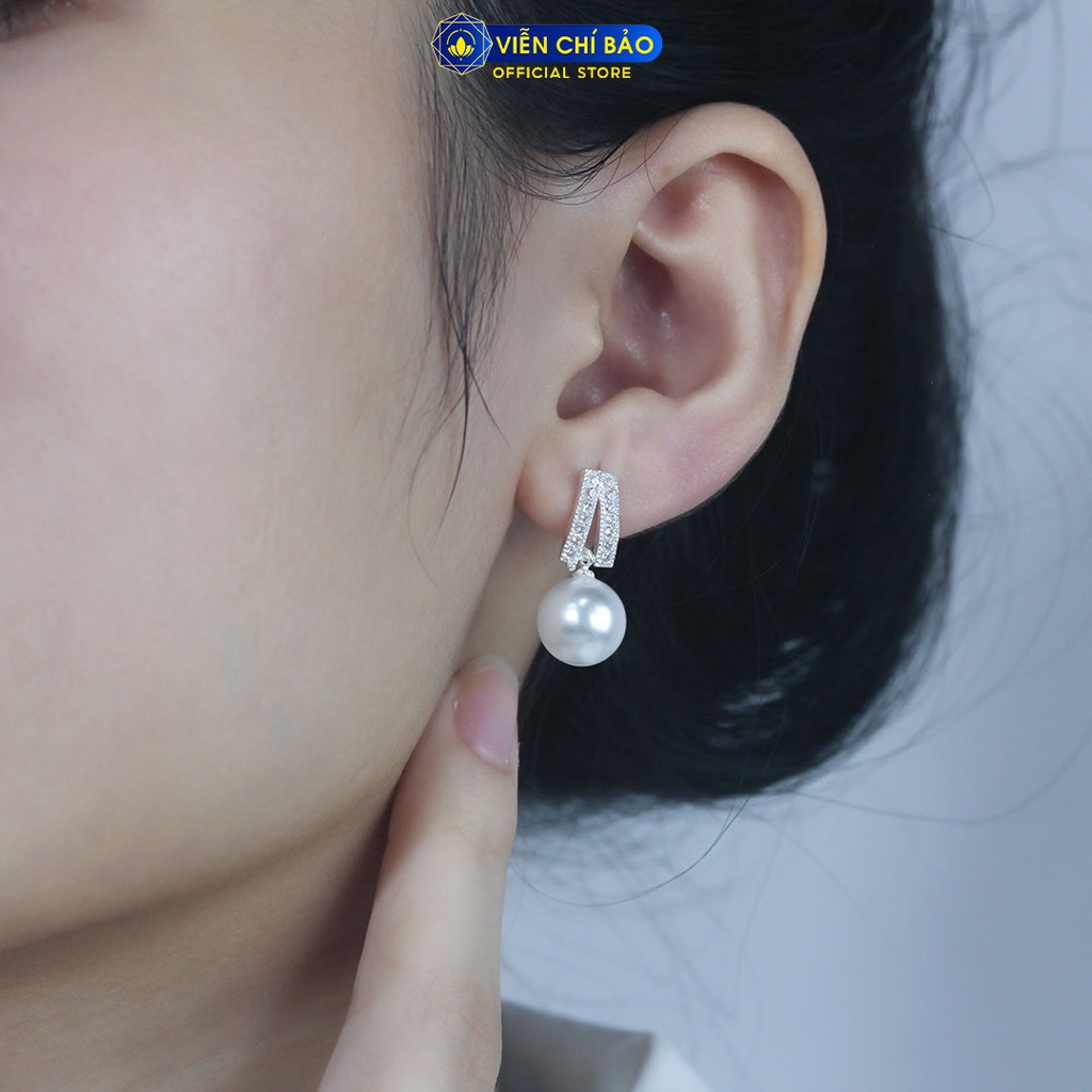 Bông tai bạc nữ Trái châu viền đá lấp lánh chất liệu bạc 925 thời trang phụ kiện trang sức nữ Viễn Chí Bảo B400021