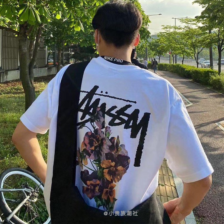 Áo thun Stussy tay ngắn dáng rộng in hoa thời trang nam nữ