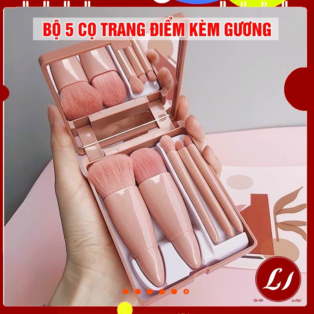Bộ 5 CỌ TRANG ĐIỂM CẦM TAY mềm mại kèm gương ( Hồng)