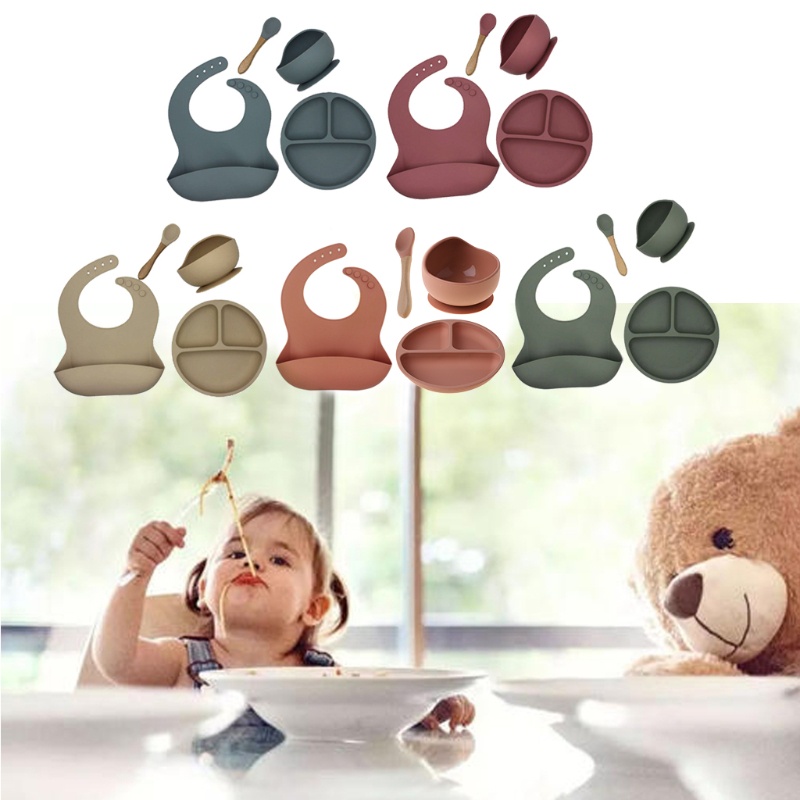 Bộ 4 Yếm Ăn Bằng Silicone Chống Thấm Nước Màu Trơn Cho Bé