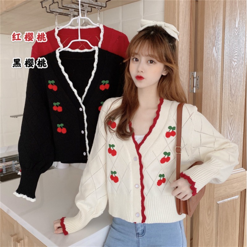 Hàng Sẵn_Áo len cardigan nhỏ cổ điển nhẹ nhàng họa tiết dâu tây đỏ