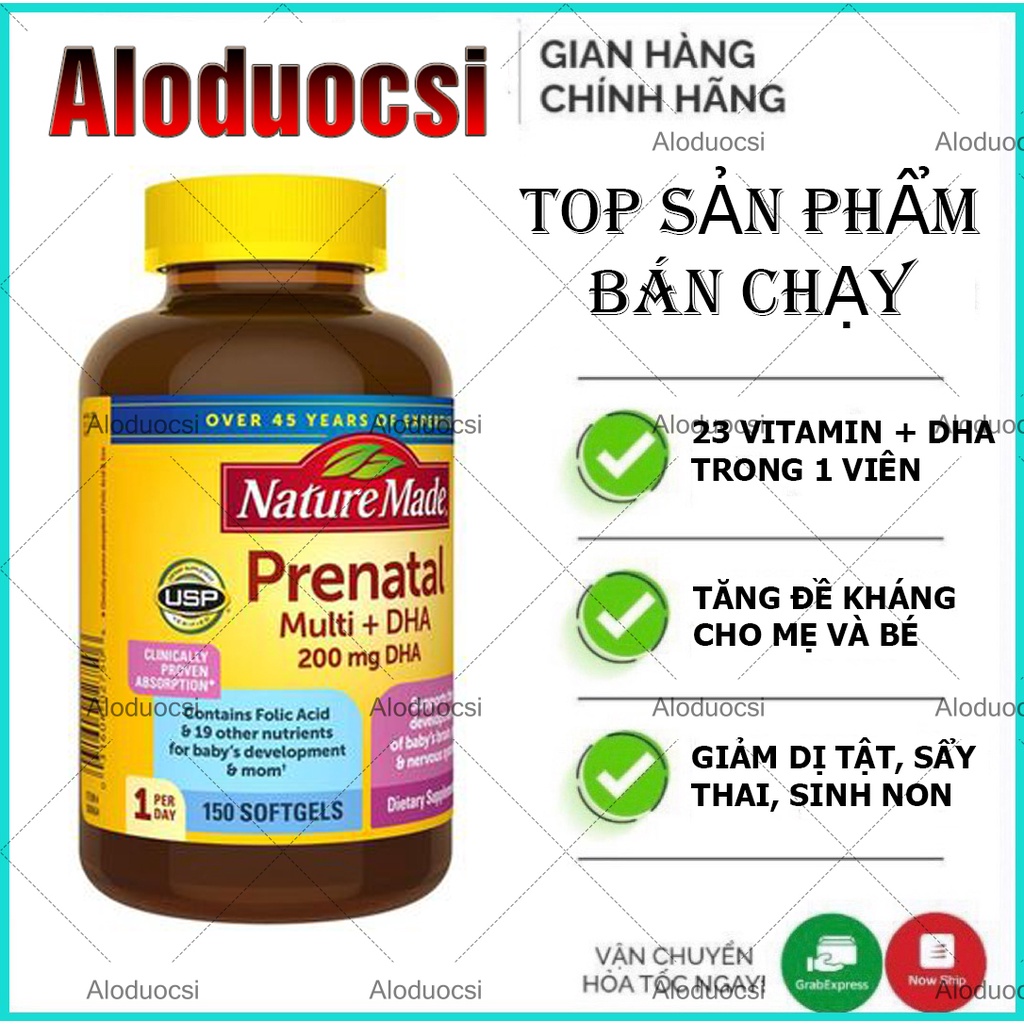 Vitamin tổng hợp cho bà bầu Mỹ Nature Made Prenatal Multi DHA 150 viên, Bổ bầu mỹ Prenatal [Chính hãng]