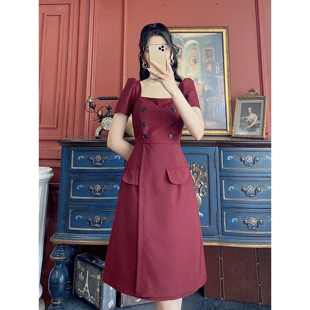 Đầm Cổ Vuông Dáng Chữ A Nhẹ Chất Vải Dày Dặn_V709
