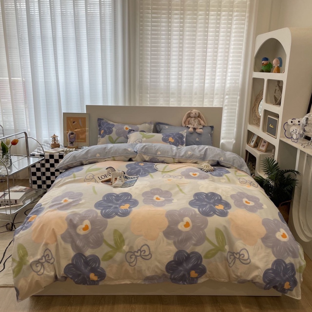 Bộ chăn ga gối cotton poly phong cách dễ thương - Mẫu hoa sáp xanh Drap Giường Đủ Kích Thước Trải Nệm 1m, 1m2, 1m4, 1m6,