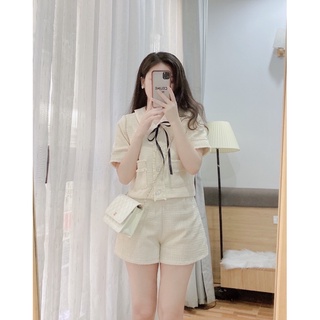 Set dạ be tay ngắn cổ nơ