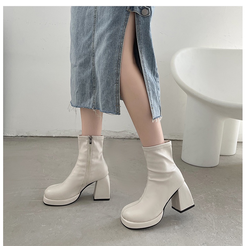 BỐT DA NỮ TRẮNG ĐEN CỔ THẤP MŨI TRÒN GÓT VUÔNG - Giày BOOT Phong Cách Punk Gothic Bốt Nữ Cao