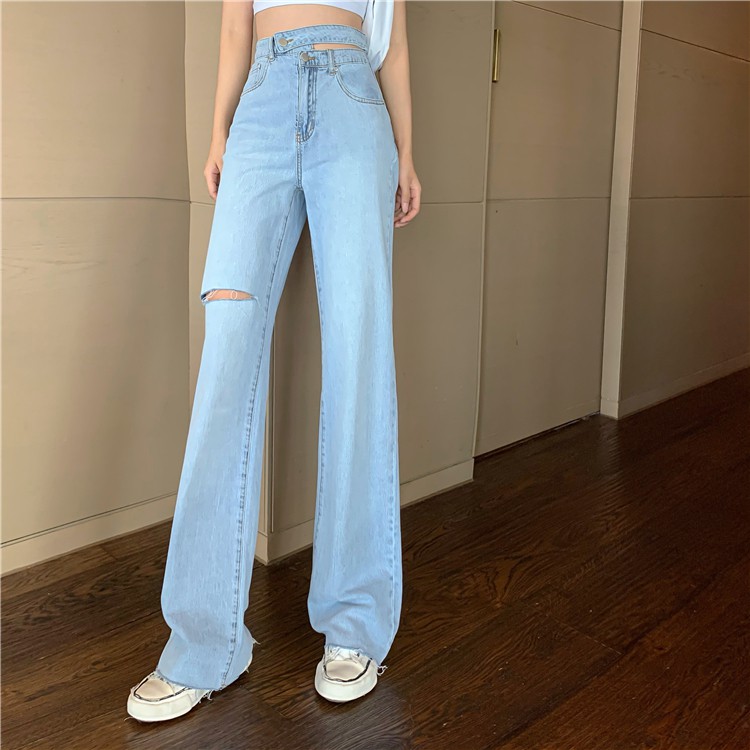 Quần Jean Dài Lưng Cao Phối Rách Kiểu Retro Hàn Quốc Cá Tính Cho Nữ | BigBuy360 - bigbuy360.vn
