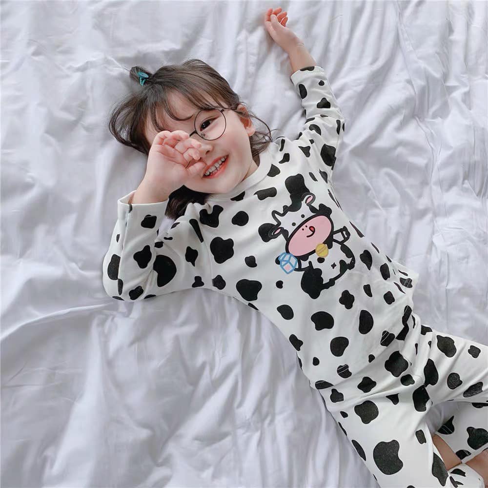 Quần áo trẻ em bộ thu đông dài tay bé trai bé gái Combo 2 bộ hình bò sữa MINKY thun lạnh mềm mại