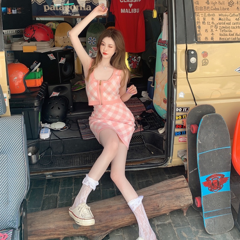 Bộ áo len sát nách và chân váy ZHELIHANGFEI màu hồng họa tiết kẻ sọc caro thời trang dành cho nữ