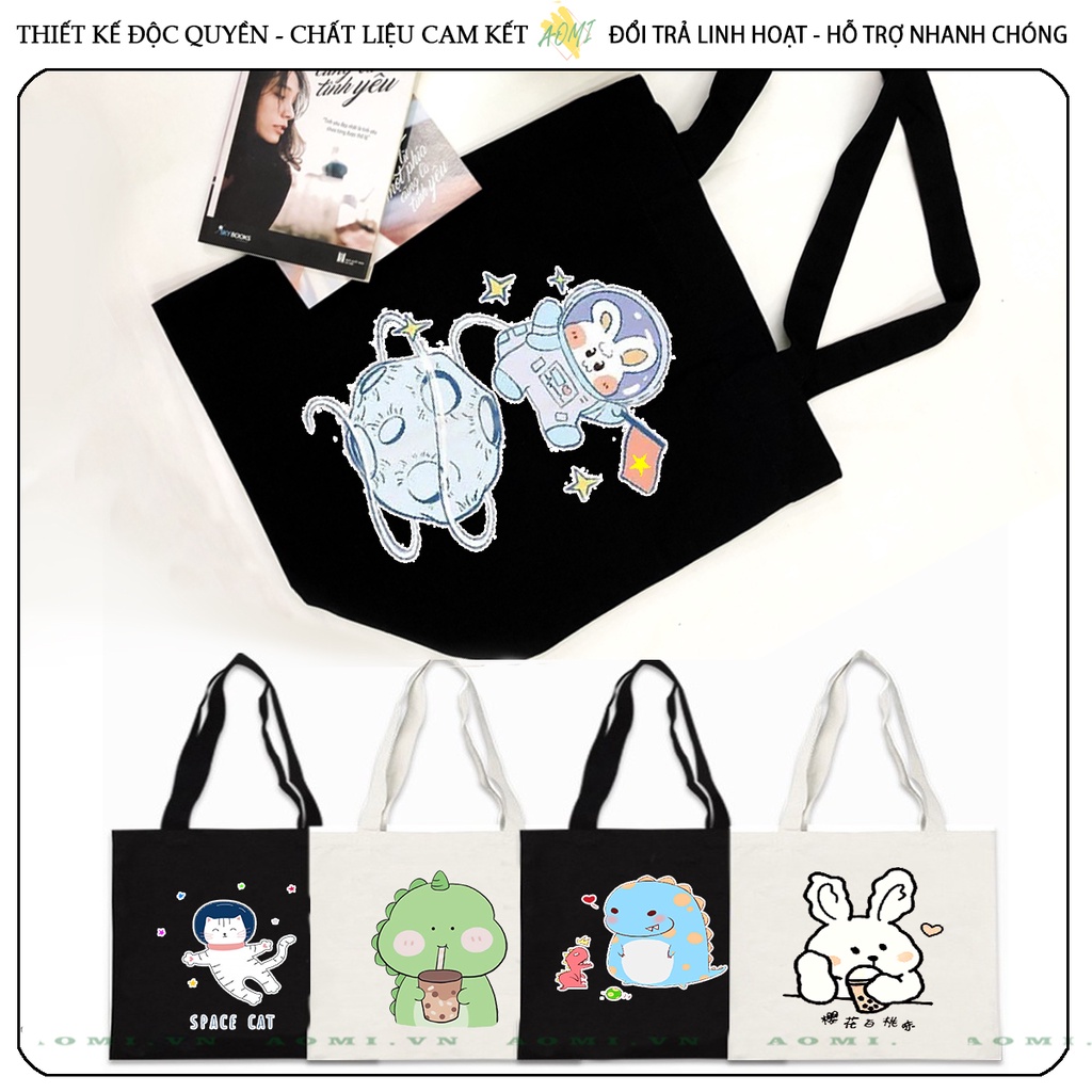 TOTE CANVAS khủng long thỏ phi hành gia cute TÚI VẢI ĐEO VAI BAG CÓ KHÓA KÉO SIZE 33x38cm AOMIVN DU LỊCH DẠO PHỐ AOMI