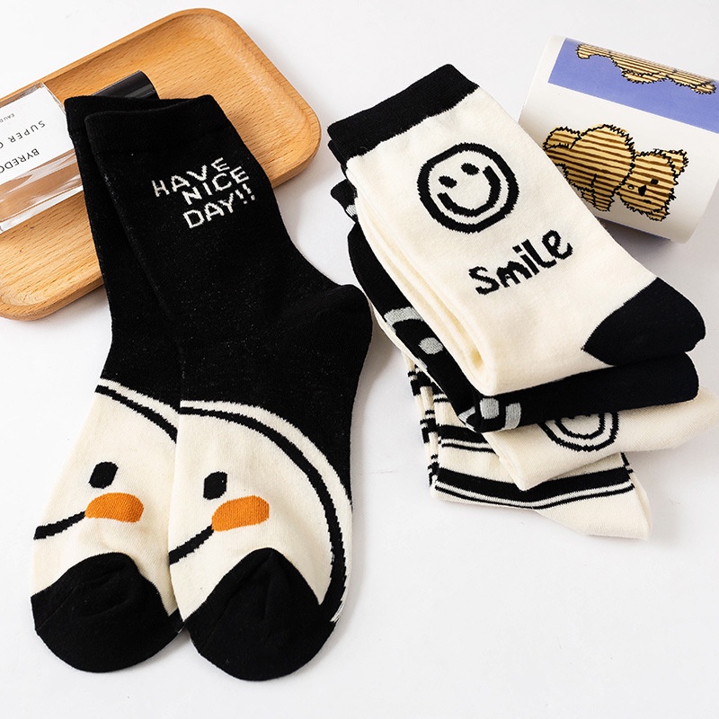 Vớ WAFNHA D198 vải cotton màu đen in hình mặt cười thời trang unisex
