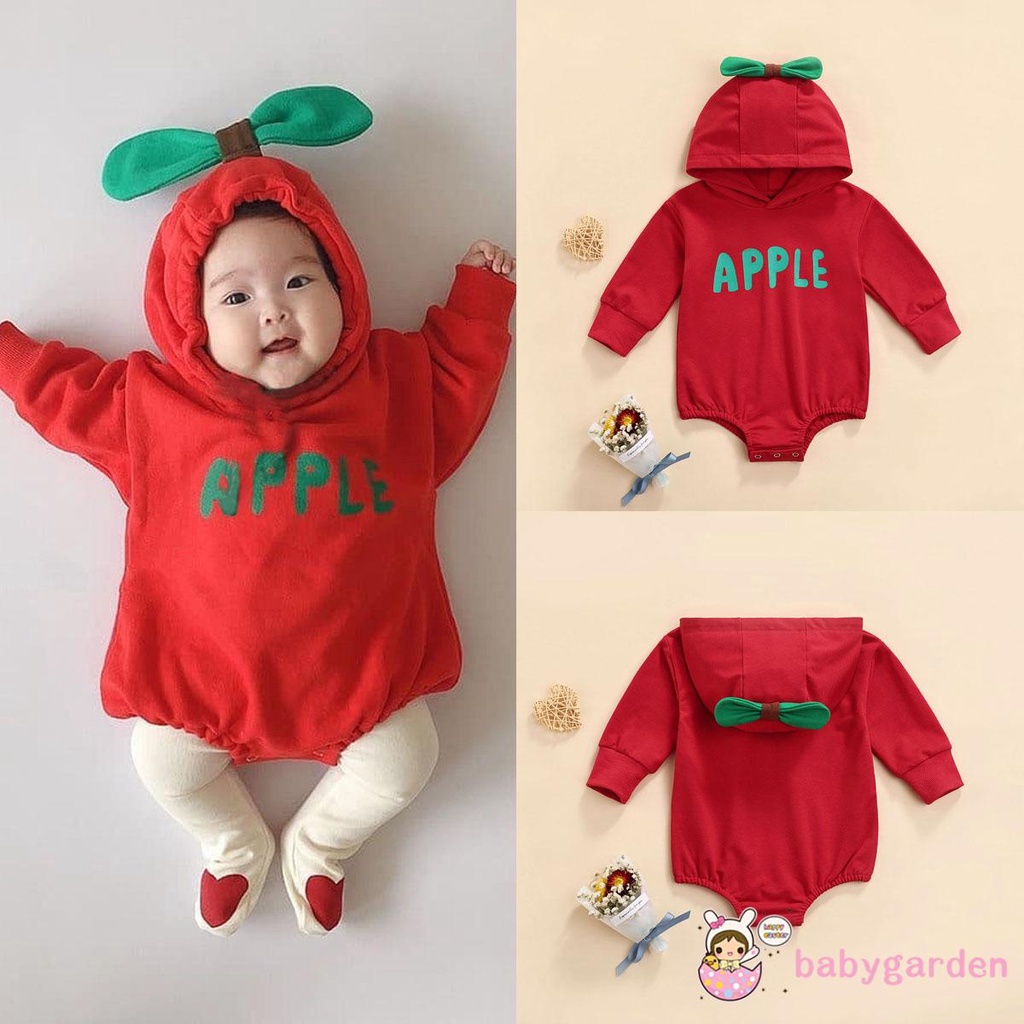 Áo liền quần tay dài có mũ in chữ Apple thời trang mùa thu cho bé 0-24 tháng tuổi