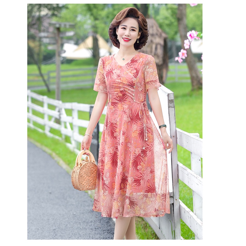 Đầm Tay Ngắn Dáng Rộng Phong Cách Phương Tây Thời Trang Mùa Hè Cho Nữ Trung Niên