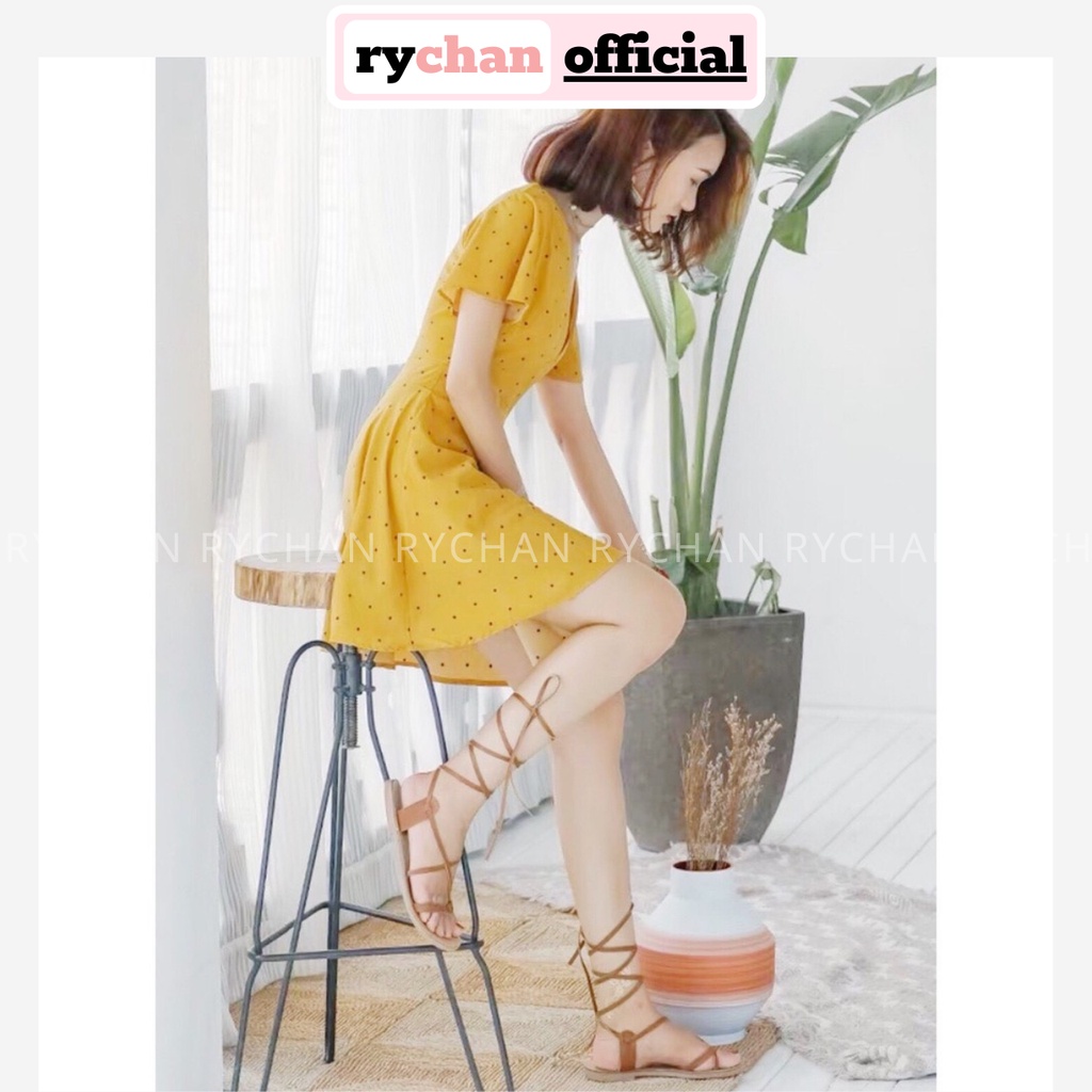 DX784 - Đầm Xòe Bi Vàng Cổ V Tay Loe