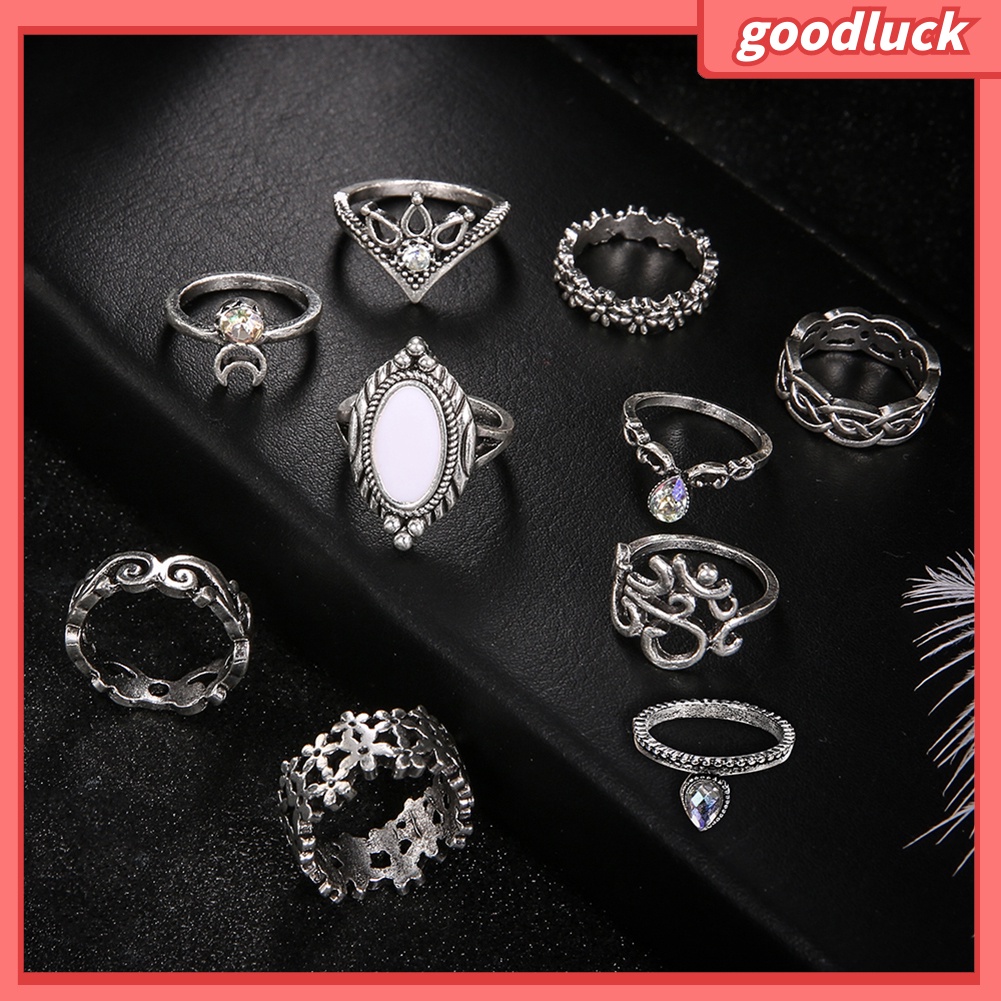 Bộ 10 nhẫn đeo đốt ngón tay đính đá mắt mèo giả thời trang cho nữ