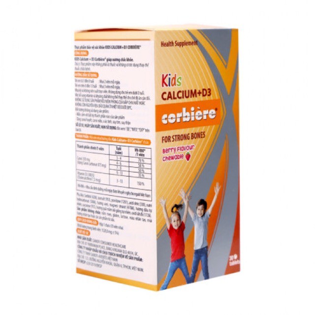 Kids Calcium D3 Corbiere - Chai 30 viên nhai hương dâu