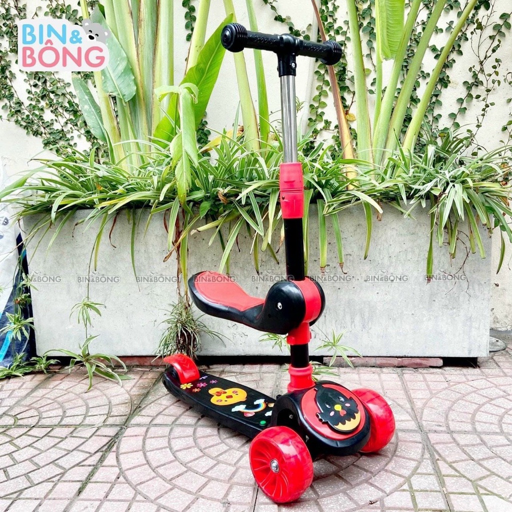 🍁 Xe Scooter, Xe Trượt Cho Bé Bánh Có Đèn Có Nhạc 3 in 1 Chịu Lực 90KG