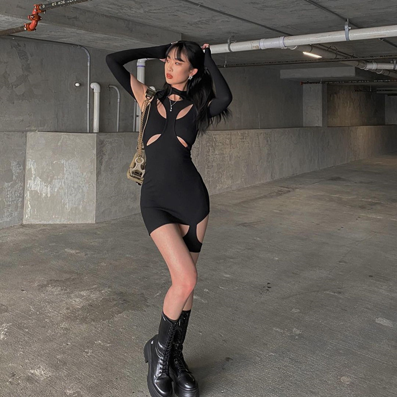 DUNEA Đầm tay dài cổ tròn khoét sÂu phong cách gợi cảm thời trang nữ