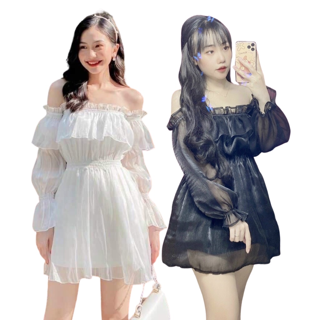 Váy Nữ Trễ Vai Tay Dài Bồng Dáng Xòe Tiểu Thư Style Hàn Quốc 3 Màu Đen Trắng Kem