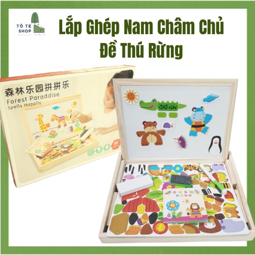 Xếp hình nam châm chủ đề thú rừng , lắp ráp trang phục thú rừng Forest Paraddise, bảng 2 mặt kèm phấn cà bút dạ MWZ-2015