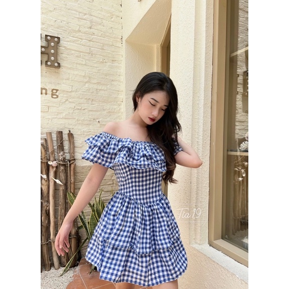 Váy kẻ caro xanh trễ vai Tia19. Đầm rớt vai ulzzang dáng xoè