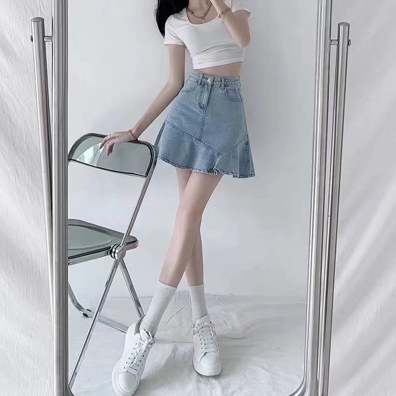 Chân váy SUXI jean chữ A lưng cao màu sắc đơn giản quyến rũ cho nữ