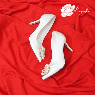 Giày cưới Satin 9cm họa tiết đầu mũi