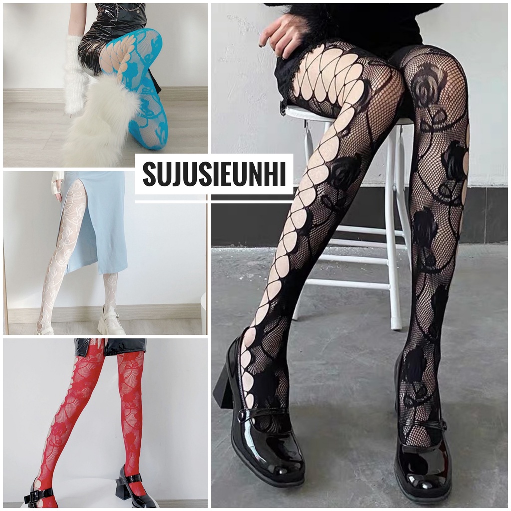 Quần tất lưới xẻ 2 bên họa tiết dây leo hoa hồng cá tính