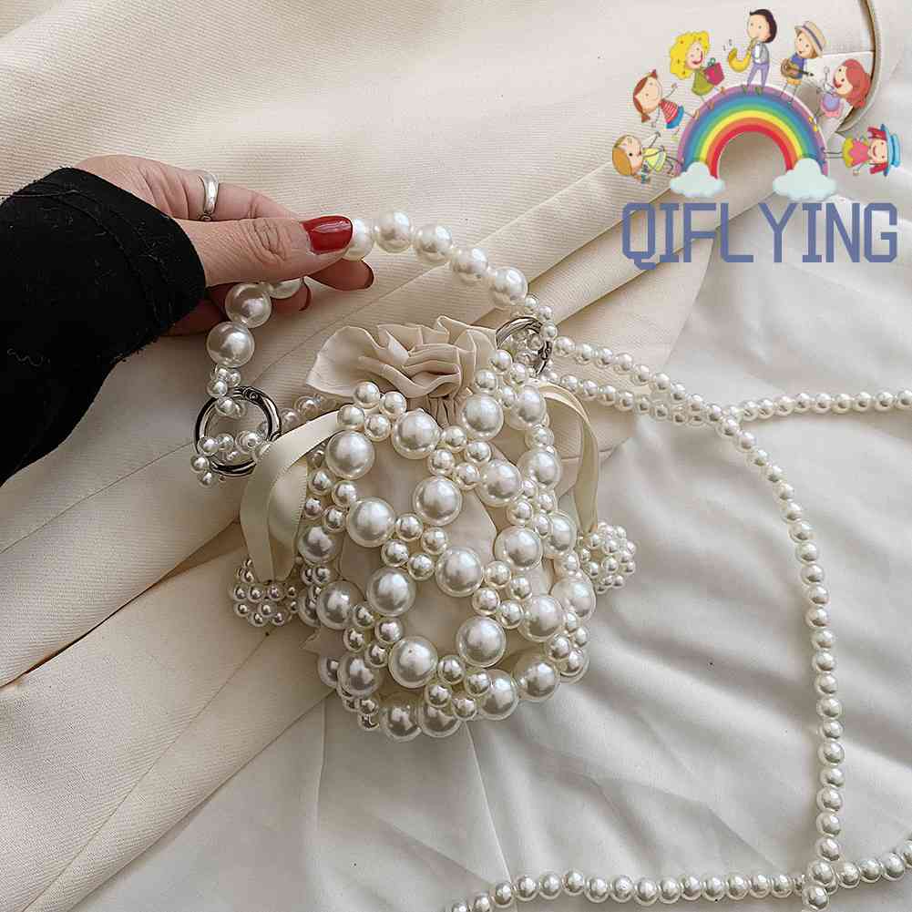 Túi Đeo Vai Rút Dây Mini Đính Hạt Ngọc Trai Dành Cho Nữ