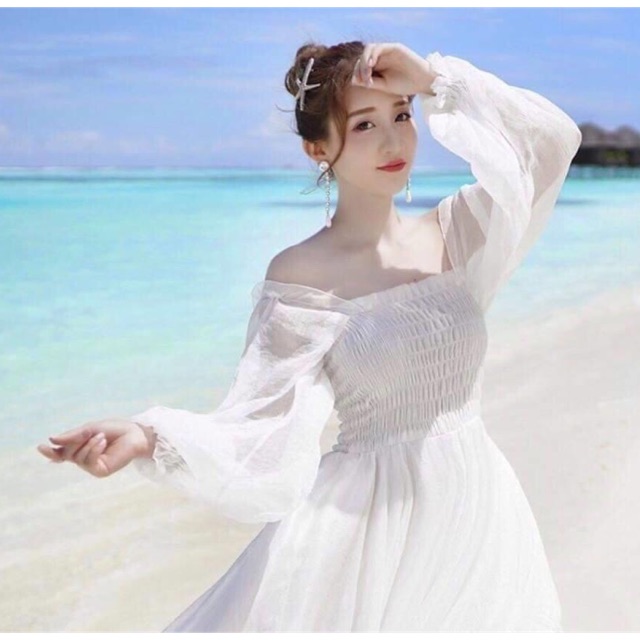 Đầm maxi voan nhún ngực tay dài