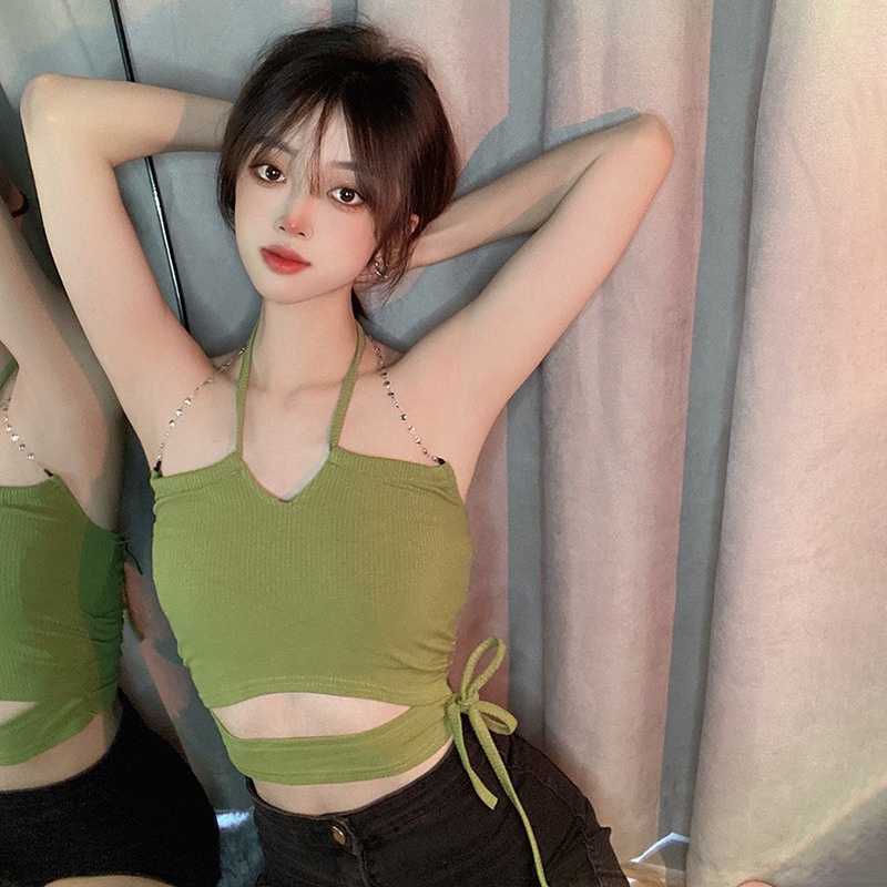 Áo Croptop Màu Sắc Đơn Giản Thiết Kế Dây Đan Chéo Phong Cách Hàn Quốc Quyến Rũ