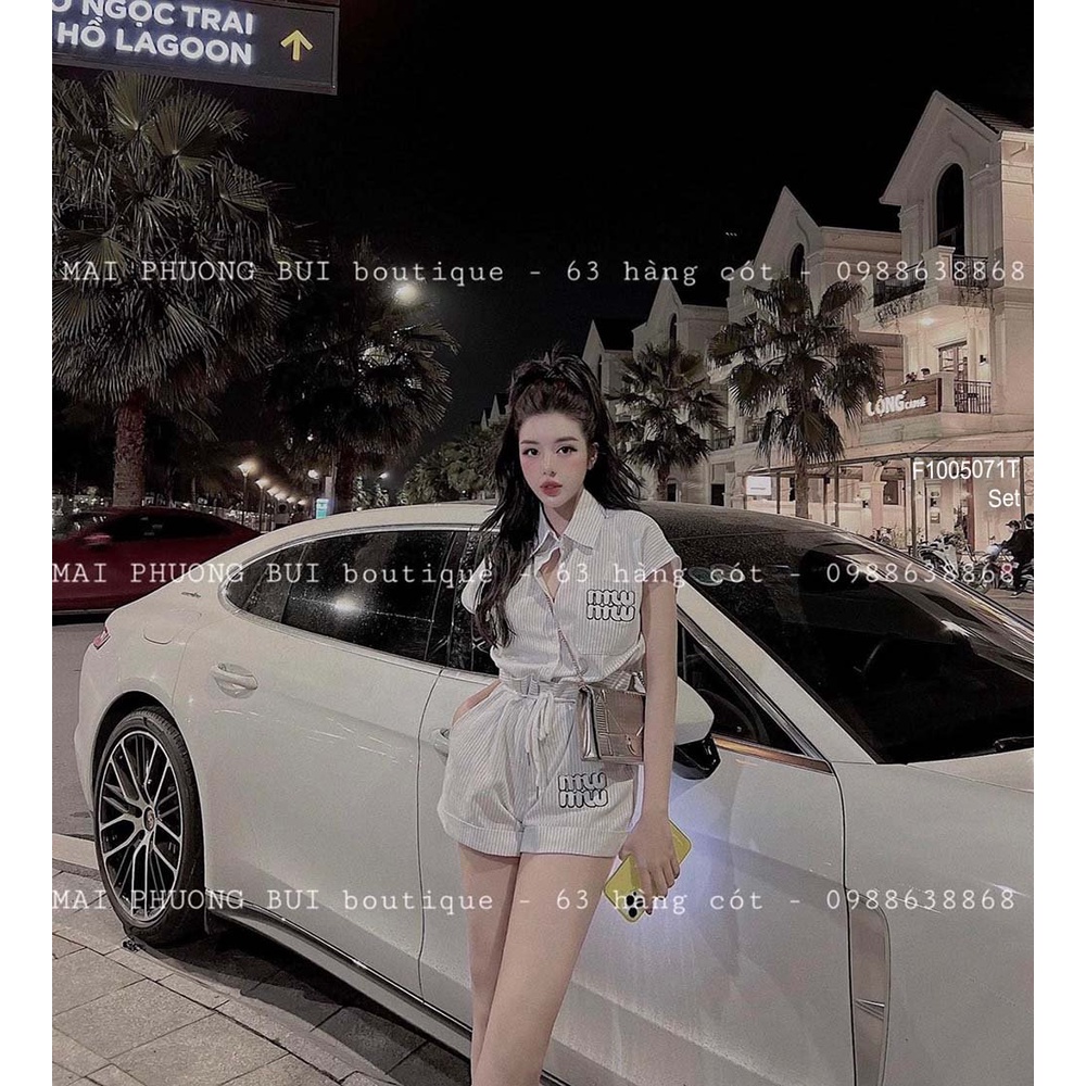 Set kẻ sọc thêu chữ miu miu áo sơ mi sát nách phối quần short