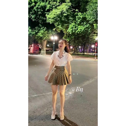 Set smi tay bồng phối viền mix chân váy gucci