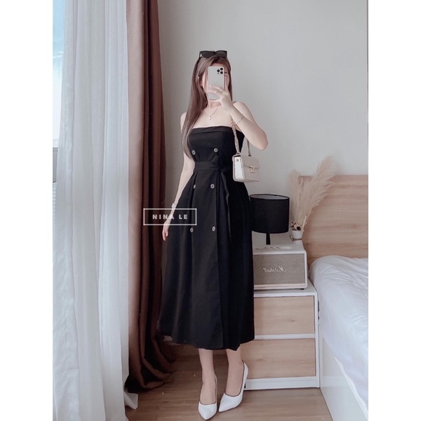 Đầm maxi phối nút cột eo