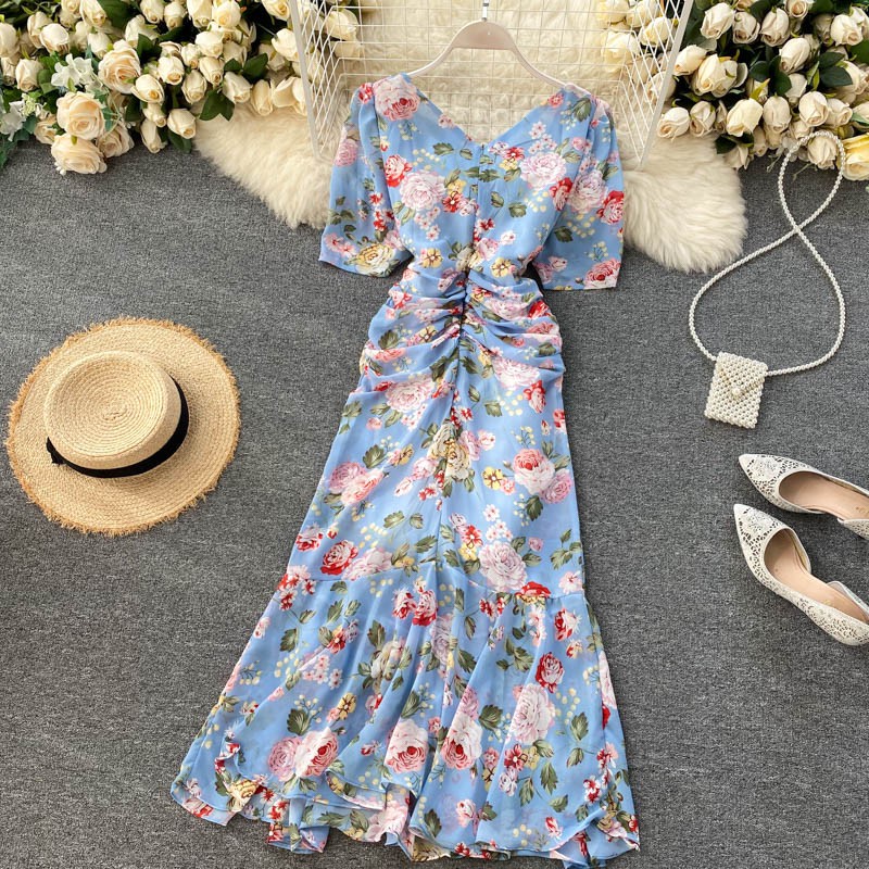 Đầm hoa đuôi cá cổ vuông gợi cảm váy maxi sang chảnh