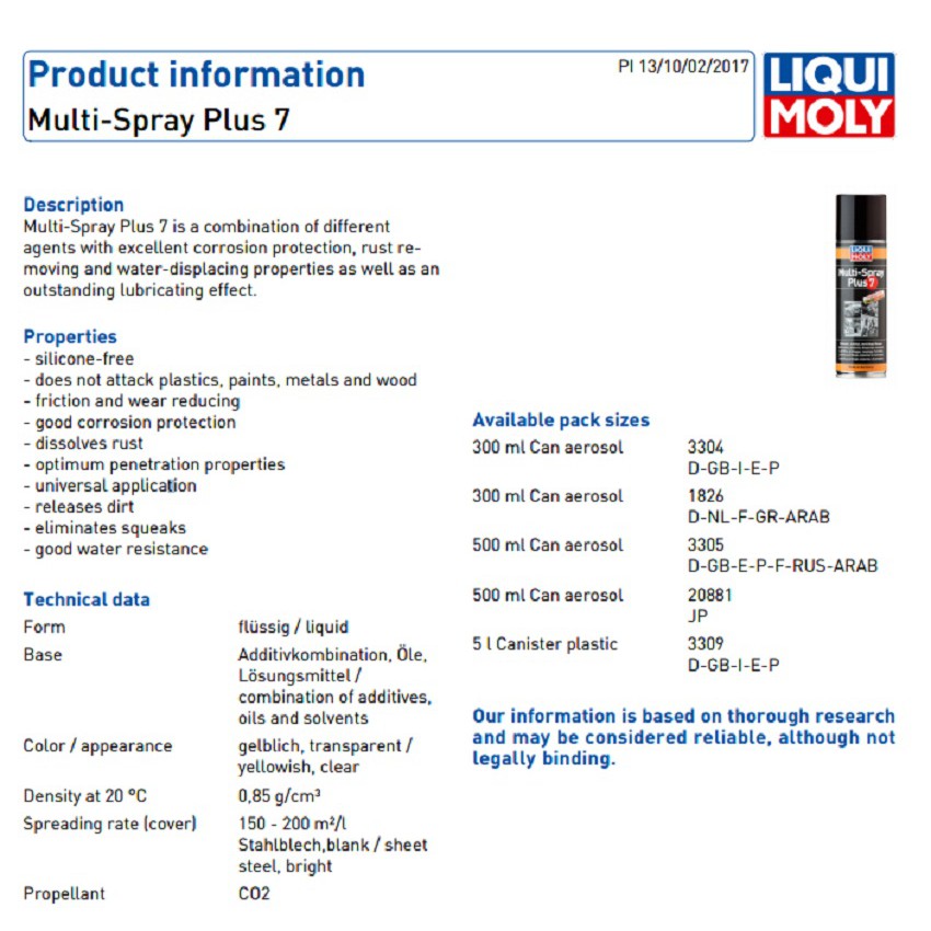 Chai xịt tẩy gỉ sét, bôi trơn đa năng Liqui Moly Multi-Spray Plus7 3305 500ml