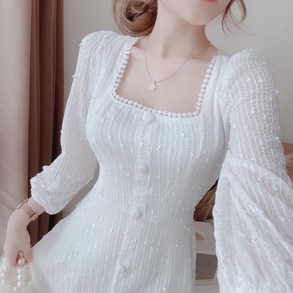 Đầm dự tiệc đầm trắng cổ vuông tay phồng dáng dài Manet Dress