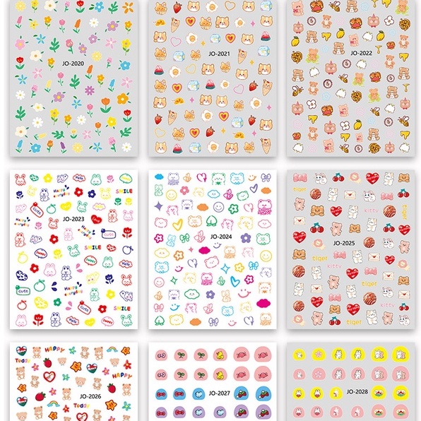 Sticker nail hoạt hình gấu, sticker hoa dán móng tay