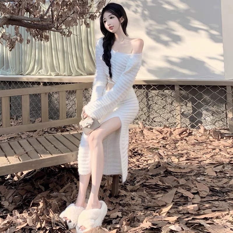 Set len lông thỏ áo croptop thắt dây eo chân váy body dài xẻ đùi