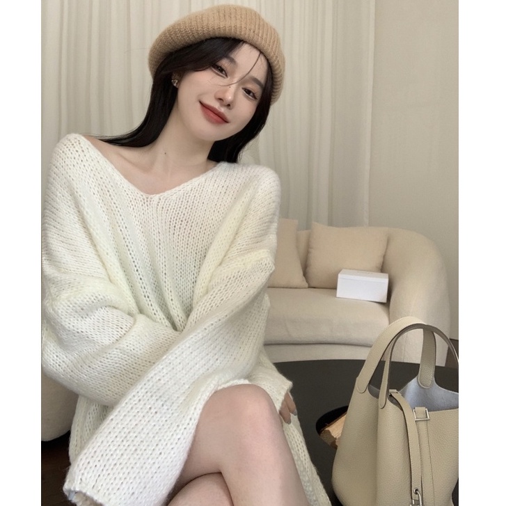 QKOOLE  Áo Dệt Kim Nữ Tay Dài Cổ Chữ V Xẻ Tà Phong Cách Hàn Quốc