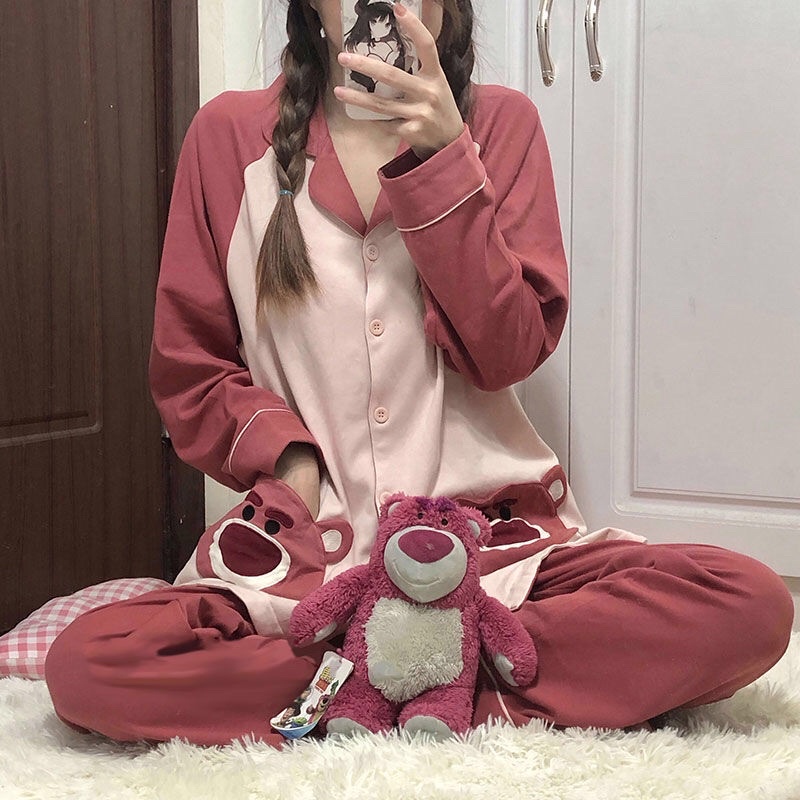Set đồ ngủ pyjama tay dài hoạ tiết gấu lotso basic hàn quốc