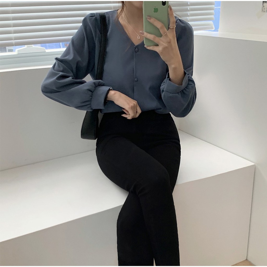 Áo Sơ Mi Tay Dài Cổ Chữ V Màu Trơn Dành Cho Nữ 38597