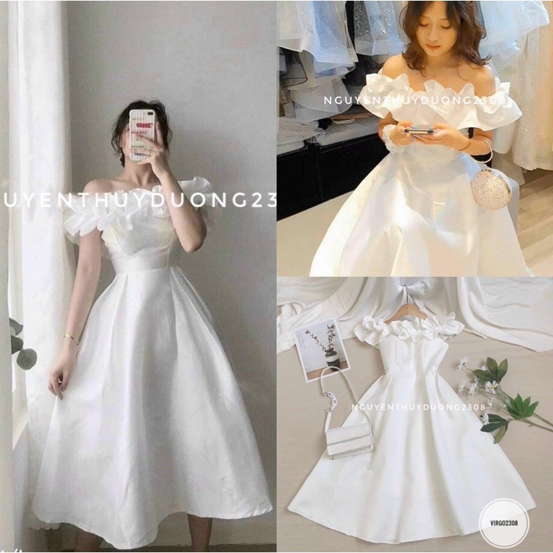 [Ảnh thật/Sẵn]Váy bèo trễ vai trắng có đệm ngực tiểu thư/Đầm dự tiệc trắng xinh xắn