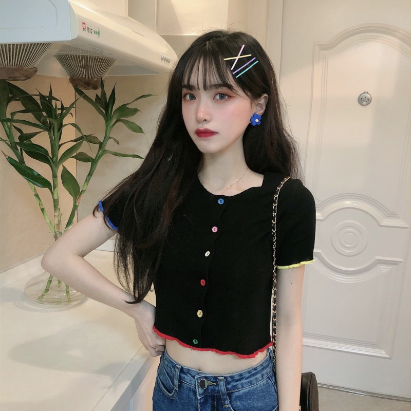 Áo croptop len tăm Maoshop khuy thật ngắn tay ulzzang Hàn Quốc C31 - MaoMao | BigBuy360 - bigbuy360.vn