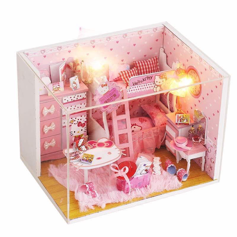 Nhà búp bê lắp ghép có đèn Led Hello Kitty Tặng kèm mica che bụi và dụng cụ lắp ráp