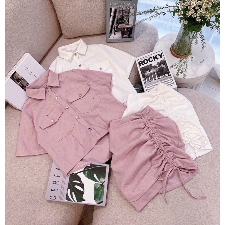 SET ÁO CỔ SƠ MI TÚI NẮP KÈM CHÂN VÁY RÚT DÂY KTGIMI ( Kèm ảnh thật)