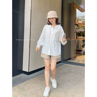 Áo sơ mi nữ dài tay form rộng thêu trái tim vải đũi 2 màu