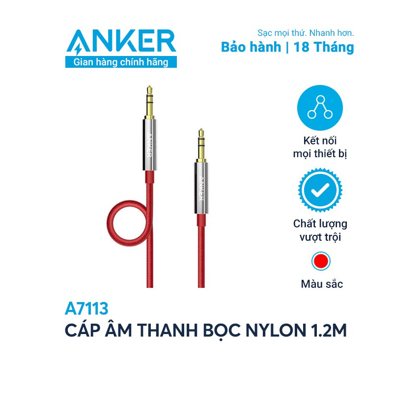 [Mã ELAK045 giảm 5% đơn 999K] Cáp âm thanh bọc nylon ANKER 3.5mm dài 1.2m - A7113